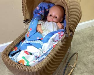 VTG. BABY DOLL & WICKER CARRIAGE