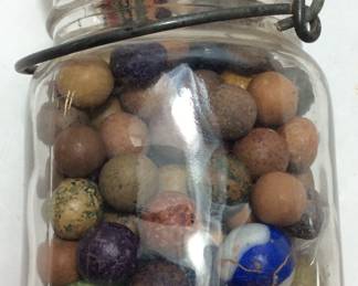 ANTIQUE CLAY MABLES IN BALL JAR