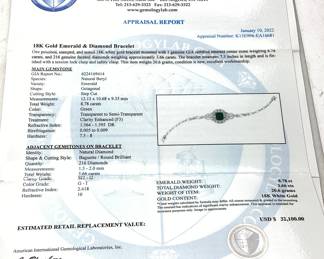 18KT WHITE GOLD EMERALD & DIAMOND BRACELET,
8.78ct EMERALD, 3.66ct DIAMONDS, SIZE 7.5'', 20.6g
AIGL APPRAISAL $32,100, 18KT WHITE GOLD EMERALD & DIAMOND BRACELET, 8.78ct EMERALD, 3.66ct DIAMONDS, SIZE 7.5'', 20.6g
AIGL APPRAISAL $32,100,