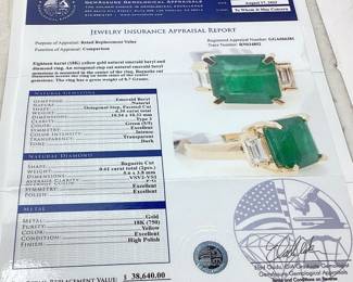 18KT YELLOW GOLD EMERALD & DIAMOND RING
6.35ct EMERALD, .61ct DIAMONDS, SIZE 5.75, 8.7g
GGA APPRAISAL $38,640,