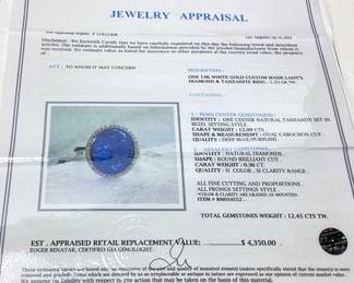14KT WHITE GOLD TANZANITE & DIAMOND RING
12.09ct TANZANITE .36ct DIAMONDS, 5.2g, SIZE 7.75 IAS APPRAISAL $4,350,