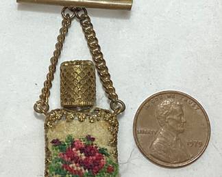 VTG. MINIATURE PETIT POINT NEEDLEWORK PERFUME BOTTLE PIN