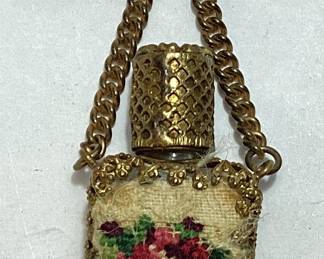 VTG. MINIATURE PETIT POINT NEEDLEWORK PERFUME BOTTLE PIN
