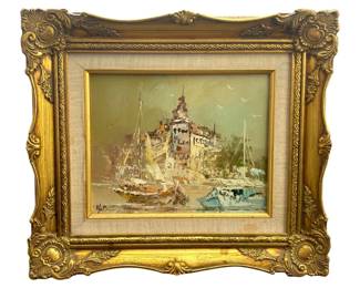 Signed Hope Boat Dock Scenery Oil on Canvas
