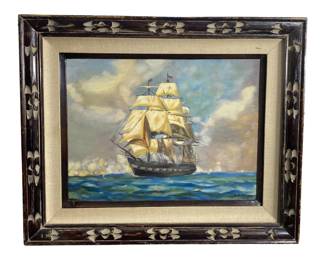 Signed Oil on Canvas Ship on Sea Landscape
