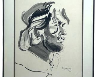 Signed Sumi-e Portrait Drawing
