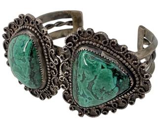 Vintage Malachite Stone Inlayed Silver Bracelet
