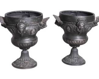 15. Pair Metal Vases Bronze Color w Relief of Cherub Face