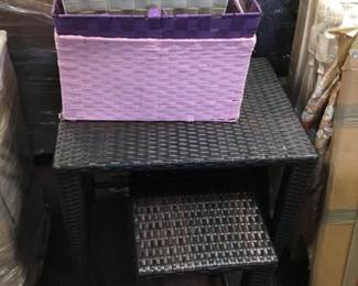 Storage baskets, small table and stool