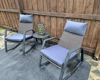 Pair of aluminum patio rockers with side table  $100