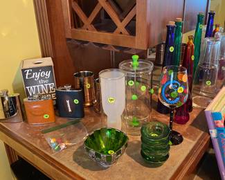 Various Flasks/ Barware/ Colored Glass Bottles