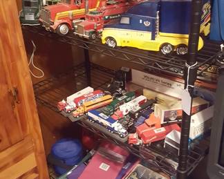 Vintage toys, one of 4 utility shelves on wheels 65.00 each.