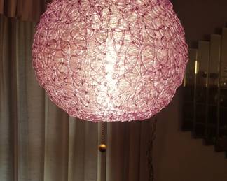 One of two new in the box spaghetti or spun glass swag lamps in purple