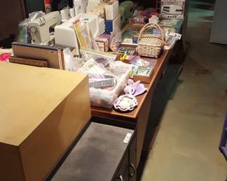 metal rolling cabinet, sewing notions, factory sewing table with large work surface.