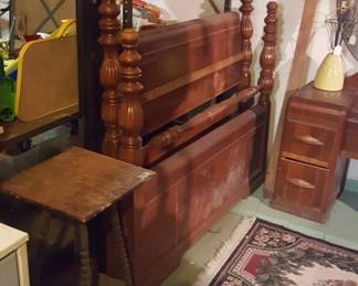 antique small table and depression era bedroom set.