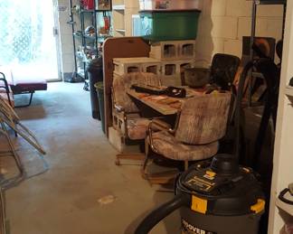 shop vacs, storage totes, concrete blocks 