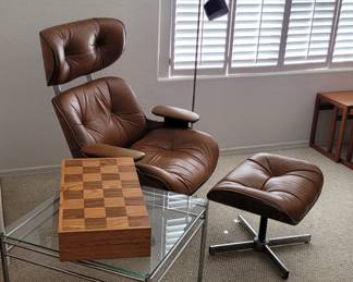 Mid Century Plycraft Eames style leather chair and ottoman! Mid Century Arteluce or Sonneman style floor lamp, Mid Century chrome and glass side table and oversized chess set!