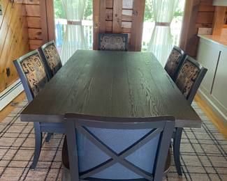 Bassett Furniture
BenchMade - Wood Table with 2 fabric arm chairs, and 4 fabric side chairs, and blue and cream wool rug
Table: 72” l x 38” w x 30” h
Rug: 8’ x 11’