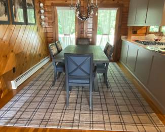 Bassett Furniture
BenchMade - Wood Table with 2 fabric arm chairs, and 4 fabric side chairs, and blue and cream wool rug
Table: 72” l x 38” w x 30” h
Rug: 8’ x 11’