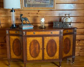 Ethan Allen
Easton Sideboard - Solid Wood: Antique Spice, Fruitwood brown stain, lightly distressed, low sheen.
70” w x 20” d x 38” h