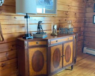 Ethan Allen
Easton Sideboard - Solid Wood: Antique Spice, Fruitwood brown stain, lightly distressed, low sheen.
70” w x 20” d x 38” h