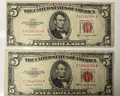 2 1953 B U.S. Red Seal Five Dollar Bank Notes

