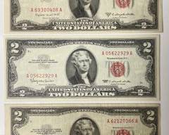 3 1953 A, 1953 B, & 1963 U.S. Red Seal Two Dollar Bank Notes
