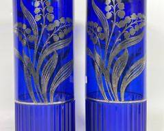 Vintage Czech Art Deco art glass vase in cobalt blue sterling silver floral overlay
