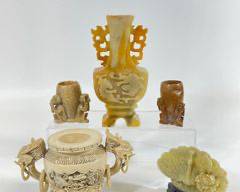 Antique Asian Carved Bone and Soapstone Urns and stone figurine vessels
