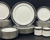 Mikasa Noir A4102 Narumi Japan Bine China Dinner Plates, Side Plates, Desert Plates, Saucers, and Tea Cups
