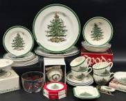 Spode Christmas Holiday Tree Dinner Plates, Side Plate, Desert Plates, Saucers, Bowls, Tea Cups, Coasters, and Christmas Ornament

