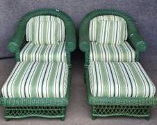Pair Green Bamboo Rattan Wicker Lounge Chairs & Ottoman with High Quality Striped Cushions
