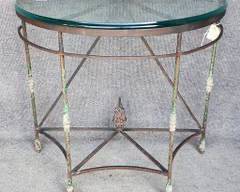 Vintage Designer Wrought Iron Demilune thick Glass Table top
