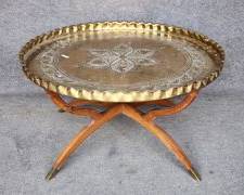 Vintage Brass Tray and Teak Round Coffee MCM Table
