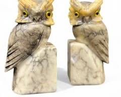 Vintage Jim Tirrenia Art Deco Alabaster Owl Bookends MCM Carved Stone Glass eye's
