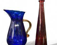Vintage MCM Blenko art glass Handcrafted Vase Along with a Hand Blown Red Skinny Decanter
