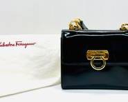 SALVATORE FERRAGAMO Small Patent Black Leather Crossbody Bag In Great Overall Preowned Condition W Dust Bag Included
