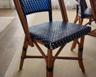 Wood and blue woven dining chairs