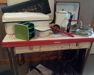 Vintage Enamel top table and Enamelware