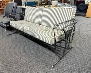 WOODARD IRON PATIO GLIDER, 3 SEATER
GREAT QUALITY!
STRIPED CUSHIONS - WEATHERED