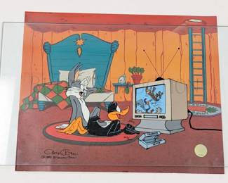 CHUCK JONES (1912-2002) HAND-SIGNED LIMITED EDITION ANIMATION CELL W/ BACKGROUND
"JUST FUR LAUGHS"
W/ CERTIFICATE OF AUTHENTICITY
ARTIST HAND-SIGNED AND NUMBERED #259/500
13.5" X 16.5"