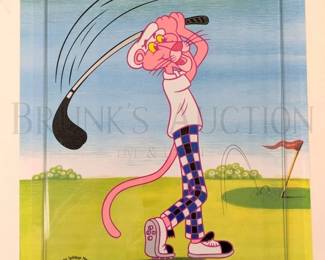 PINK PANTHER LIMITED EDITION SERICEL W/ BACKGROUND
"PINK PANTHER GOLFING"
W/ CERTIFICATE OF AUTHENTICITY
OFFICIALLY LICENSED BY MGM AND UNITED ARTIST CORPORATION
14.5" X 17.5"