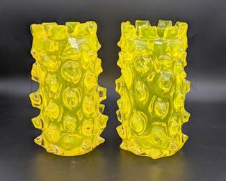 (X2) ART GLASS VASES, YELLOW "LAZY SUSAN" 9" T SIMILAR FOUND...