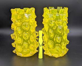 (X2) ART GLASS VASES, YELLOW "LAZY SUSAN" 9" T SIMILAR FOUND...