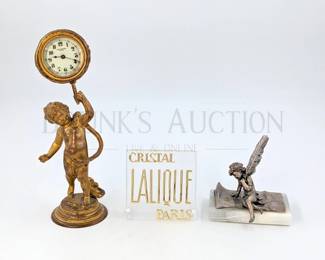 LALIQUE CRYSTAL STORE DISPLAY & (2) STATUES
(1) LALIQUE CRYSTAL STORE DISPLAY, 4", * CHIPPED *
(1) NEW HAVEN CHEROB DESK CLOCK, 10.5", * CLOCK NOT ATTACHED *
(1) VICTORIAN WRITING CHEROB PAPERWEIGHT, 4.5", * WING/FEATHER BROKEN *