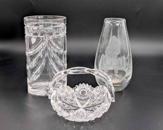 (1) WATERFORD CRYSTAL VASE, 8"
(1) SCHOTT SMALANDSHYTTAN ETCHED SWEDISH GLASS VASE, SIGNED, 8"
* (1) CUT CRYSTAL BASKET, 6.25"