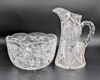 (2 PC) CUT CRYSTAL PITCHER & BOWL PINWHEEL PATTERN PITCHER - 10"...
