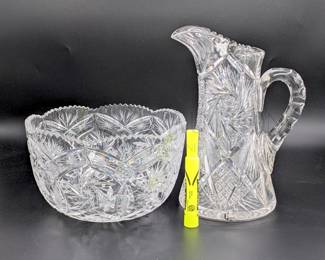 (2 PC) CUT CRYSTAL PITCHER & BOWL PINWHEEL PATTERN PITCHER - 10"...