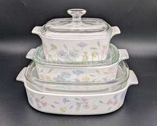 (6 PC) CORNINGWARE CASSEROLE DISHES W/ LIDS "PASTEL BOUQUET"...