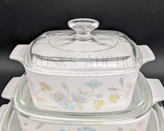 (6 PC) CORNINGWARE CASSEROLE DISHES W/ LIDS "PASTEL BOUQUET"...